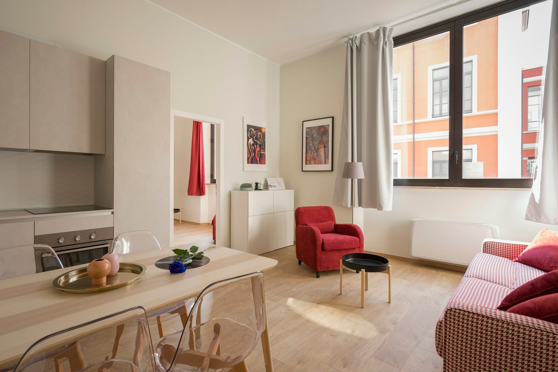Bright apartment living room with French windows