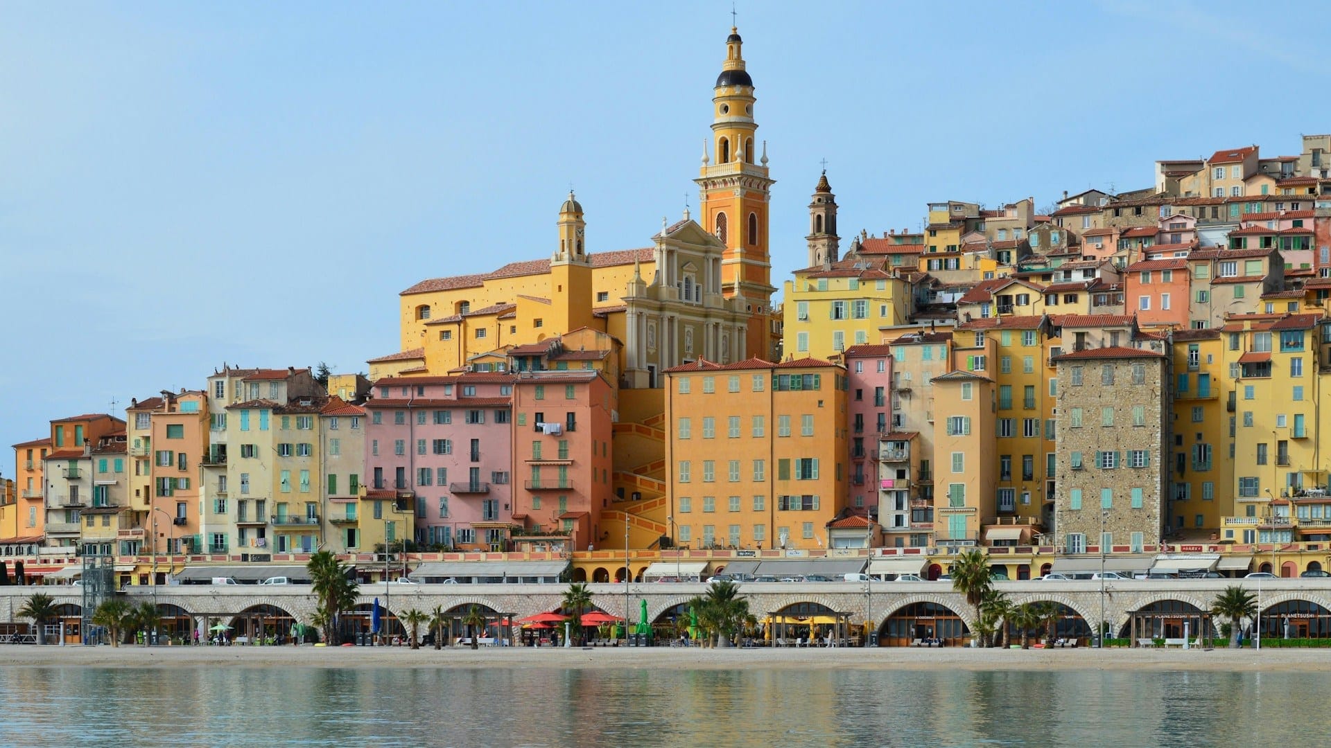 Menton old town and its basilica by the sea